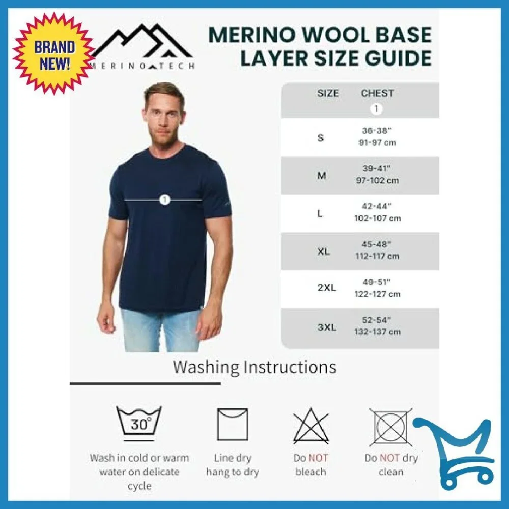 Men's Merino Wool Thermal T-Shirt Lightweight All-Season Base Layer